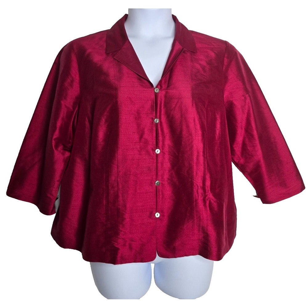 Talbots Womens Shirt 16W Red 100% Pure Silk 3/4 Sleeves Button Top Blouse
